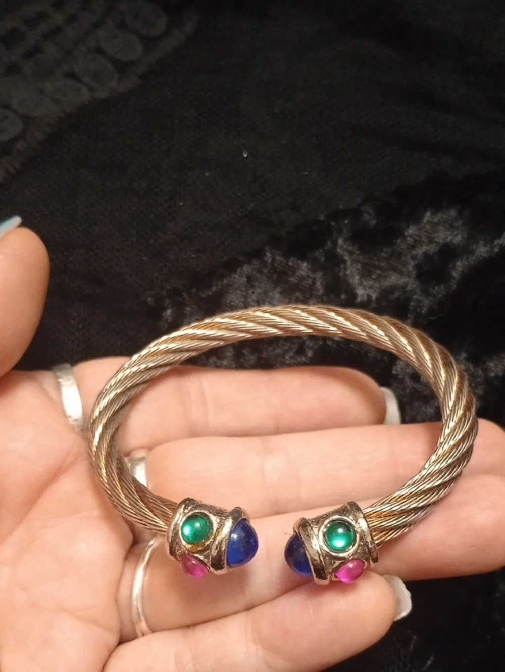 Two Vintage Twisted Cable Cuff Bracelet with Colored Gem Accents